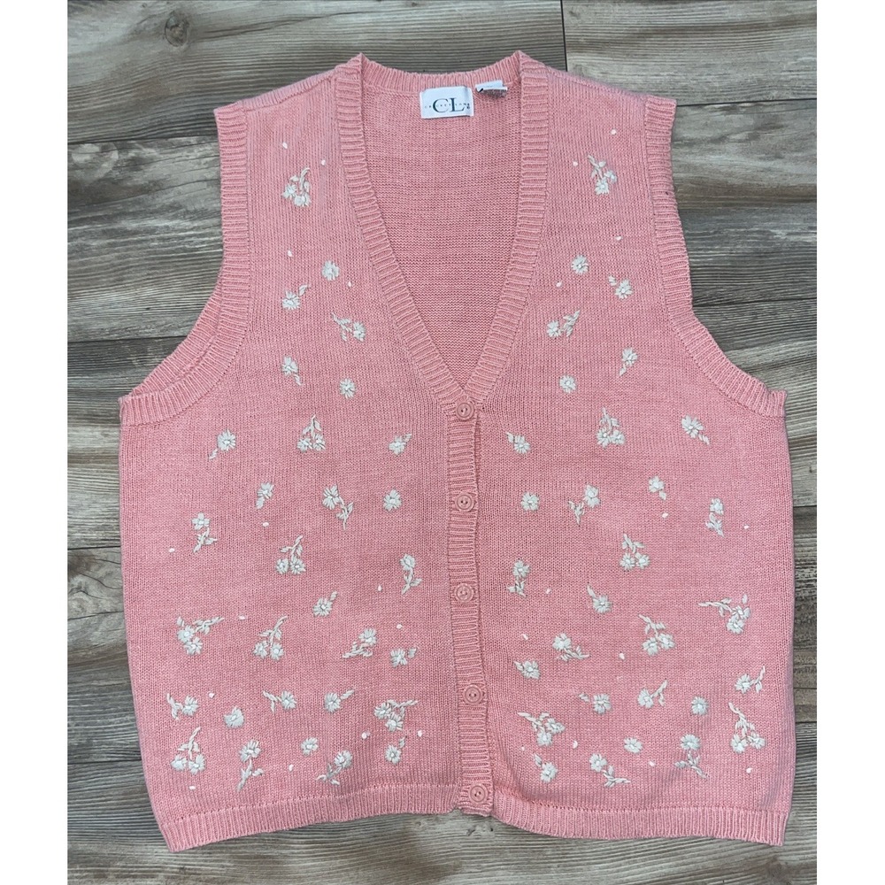 Vintage Cricket Lane Pastel Pink Knit Floral Sweater Vest 2X Womens Sleeveless